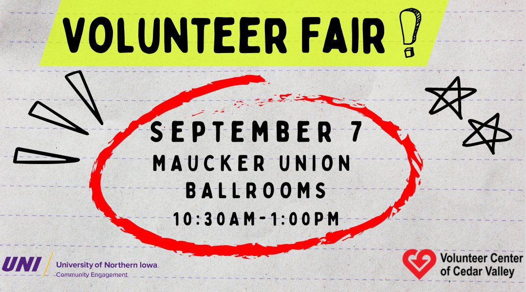 Join us tomorrow along with the Volunteer Center of Cedar Valley for the first volunteer fair of the year! We'll be in the Maucker Union Ballrooms from 10:30am-1pm.