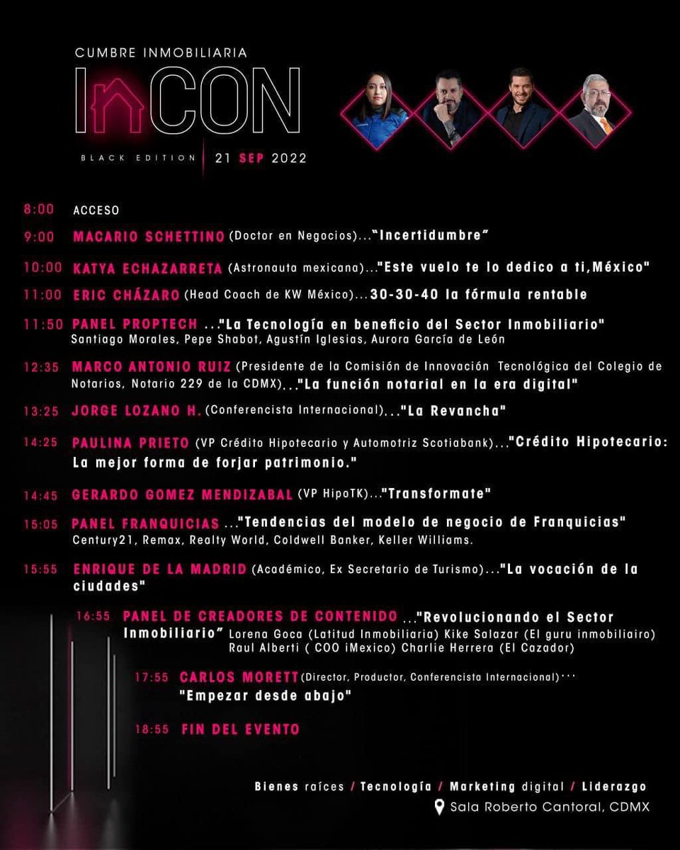 E 21 de septiembre en #INCON compartiré el foro con grandes personalidades <a href="/edelamadrid/">Enrique de la Madrid</a> <a href="/macariomx/">Macario Schettino</a> <a href="/katvoltage/">Ing. Kat Echazarreta</a> Paulina Prieto, Jorge Carbonell entre otros. Si eres inmobiliario, este evento te interesa. #kwMexico #kwPedregal #kwMX <a href="/Vivanuncios/">Vivanuncios México</a>