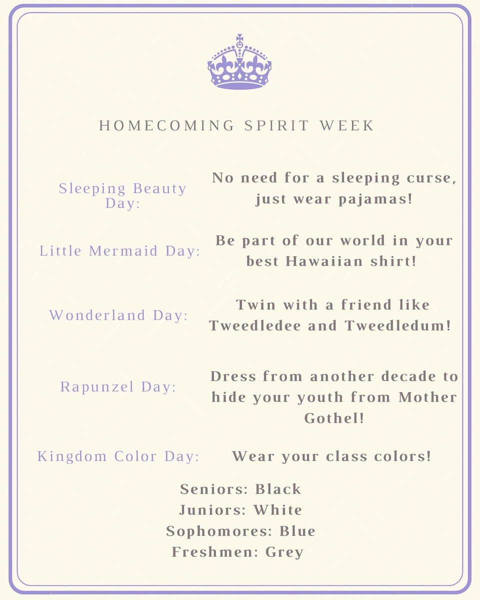 A magical homecoming is coming soon to Cambridge! Our theme is Fairytale Ball, and it will be held from 8-11 PM on October 8th! Castles, fairies, magic, and enchantment! ✨🧚‍♀️🧝 Our homecoming spirit week will be October 3rd- 7th, and themes can be found in the next slide!