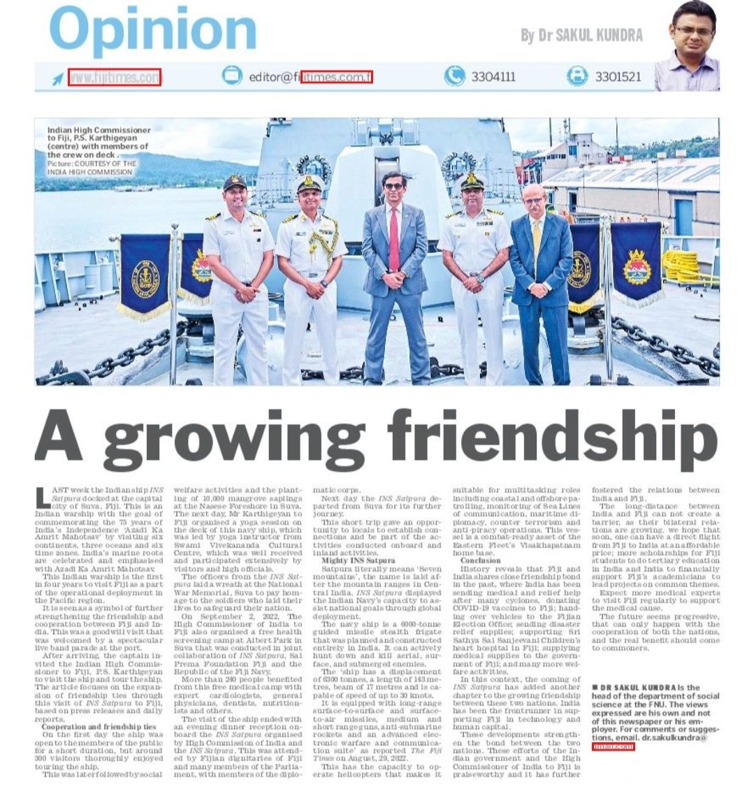 Glad to share my next op-ed A growing Friendship published in #FijiTimes. 
 #HighCommissionofIndia  #fijiindia #azadikaamritmahotsav2022 #AzadiKaAmritMahotsav #saipremafoundation #75yearsofindependence 
INSsatpura in Fiji 

edition.fijitimes.com.fj/infinity/artic…