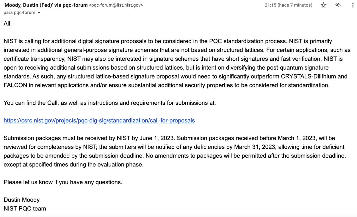 Officially, now the announcement is out! Calling for new signature algorithms for the NIST PQC standardisation effort.