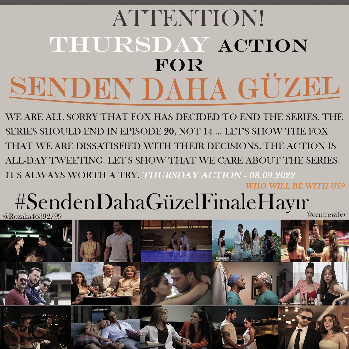 andreaminsung's tweet photo. Action on Thursday for #SendenDahaGüzel tweeting all day long. Let's show FOX that the series deserves a minimum of 20 episodes,not 14. Let's show that we disagree with their decision. It's worth a try, maybe you will succeed! We never give up!❤️
#SendenDahaGüzelFinaleHayır https://t.co/ha4jNkXGVK
