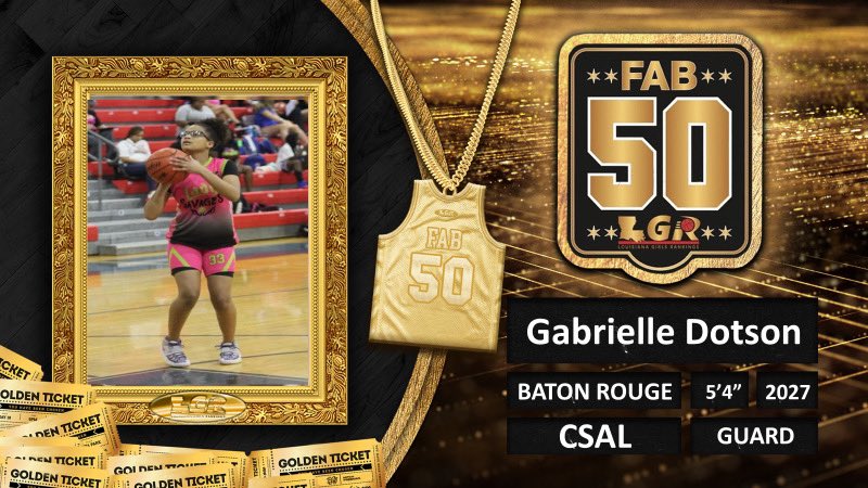 ⭐️Fab 50 ⭐️

⛹️‍♀️Gabrielle Dotson 
🏀Guard
📏5’4
🏫 CSAL
🎓2027

📝When you get this much talent under one roof this experience is something you don’t want to miss ! 
#LouisianaRanked