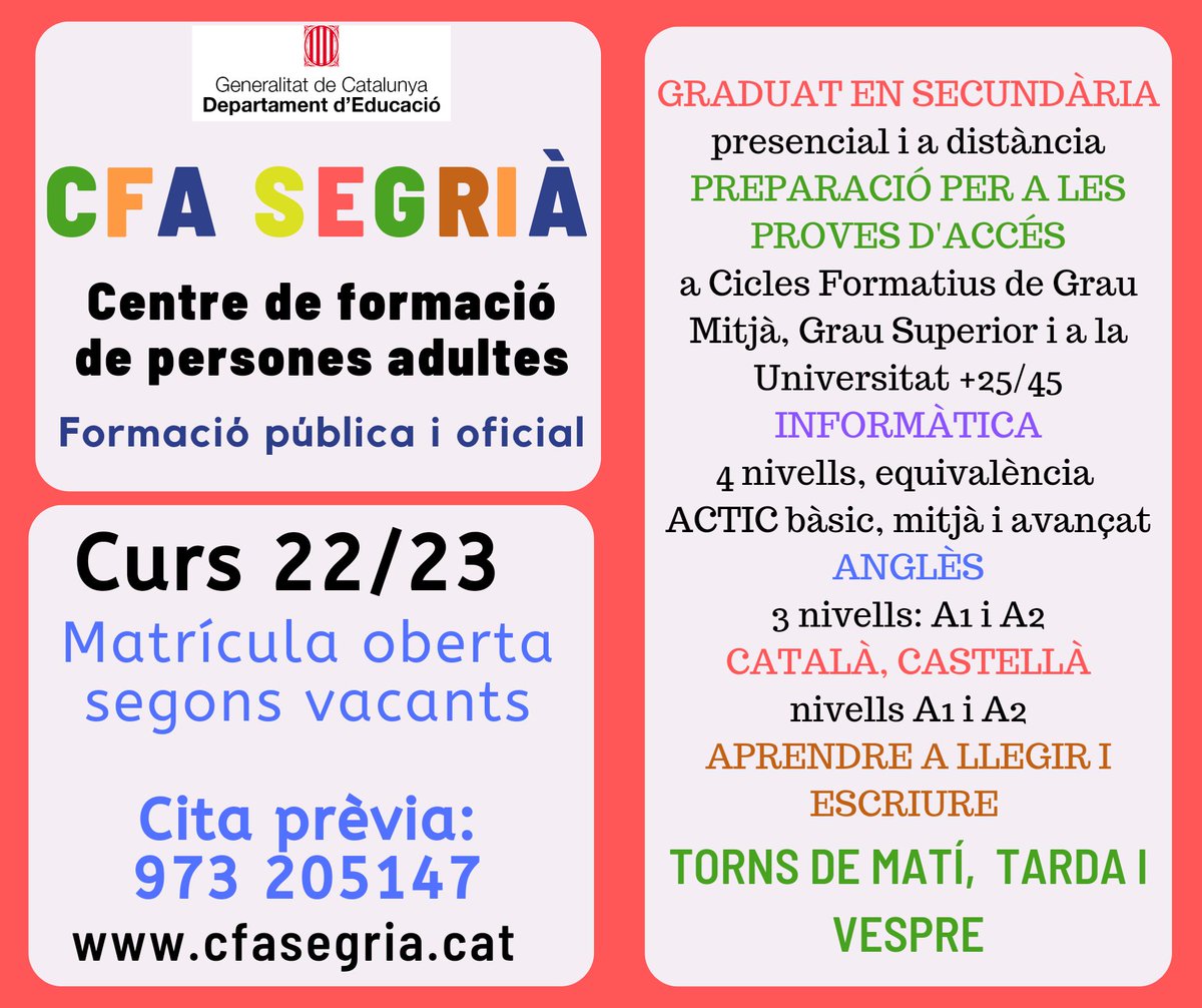 Seguim amb la matrícula als centres d'adults. Fem tantes coses i encara hi ha  tanta gent que no ho sap! La #formaciódadults la gran desconeguda del sistema educaciu