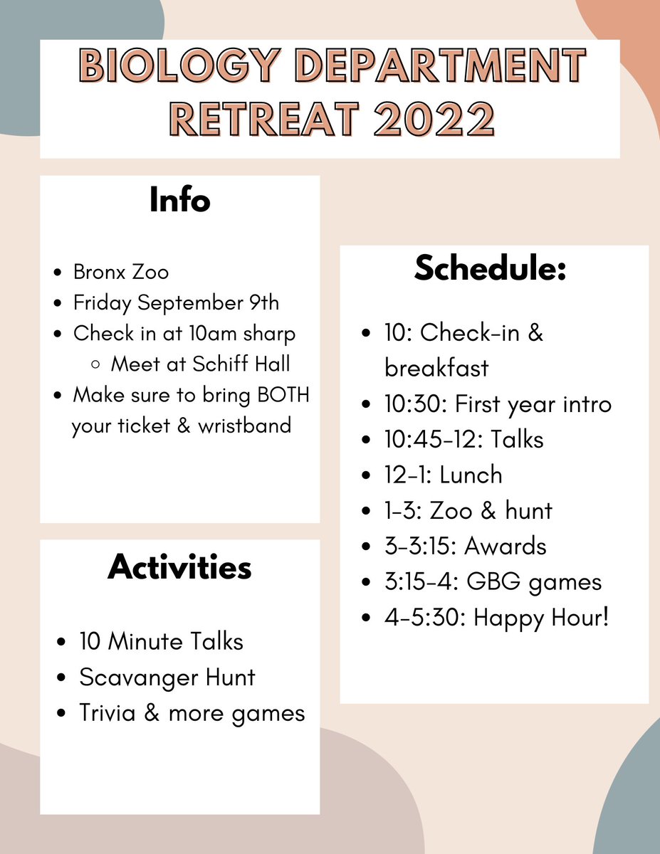 GraduateBioNYU's tweet photo. We are so excited to host our first in-person retreat since the beginning of the pandemic! See you all there @NYUBiology https://t.co/oAeLUf2Gsc