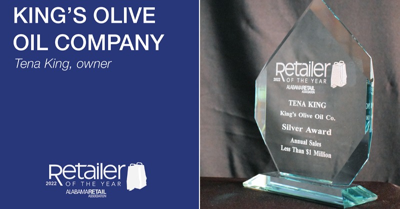 AlabamaRetail's tweet photo. “I am overwhelmed by the love and support shown to me and my small business,” said Tena King, owner of King’s Olive Oil Company in downtown Gadsden, honored today as the Silver #ALRetaileroftheYear, Annual Sales Less Than $1M: https://t.co/1cIrzacflz @EtowahChamber #ShopAlabama https://t.co/ogjYEPmrJV