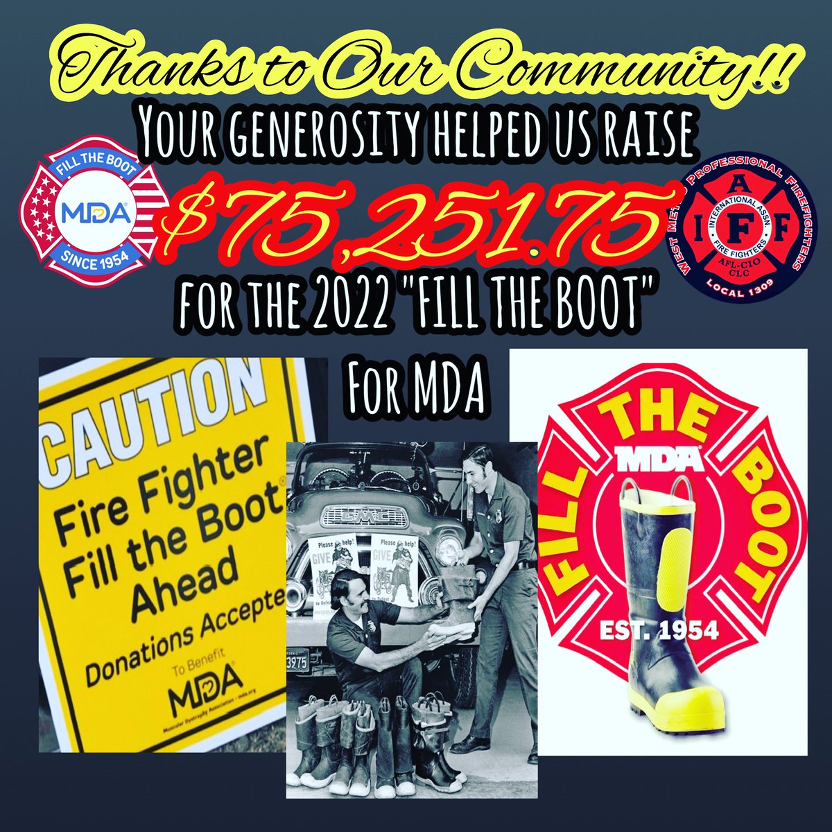 Thanks to the @westmetrofire Community!
@iaff1309 "Fill the Boot" raised $75,251.75 for @mdaorg @mdarockymountain 

We appreciate the generosity of all, and know how much these funds mean to a very important charity!

Thank you from the West Metro Professional Firefighters!