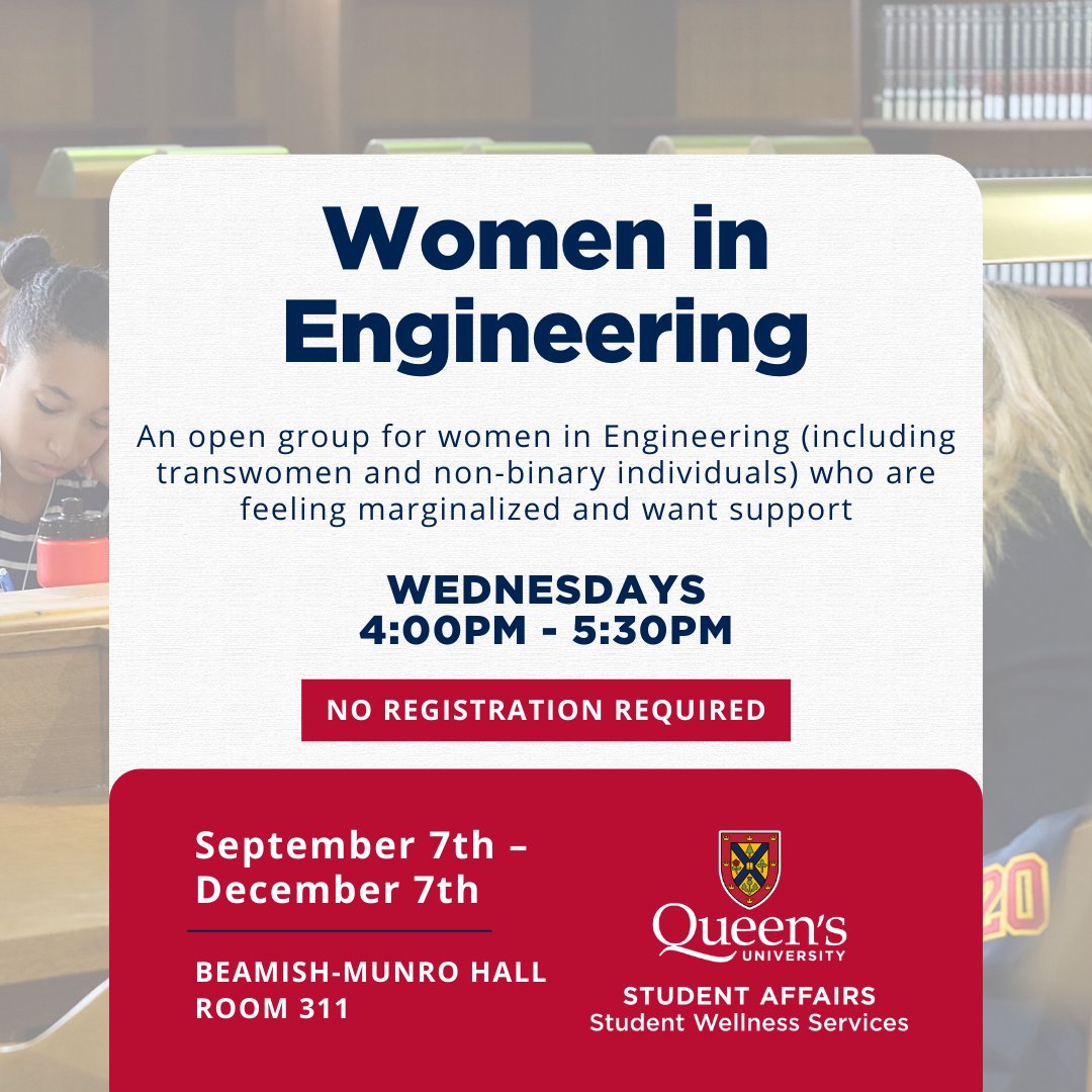 Have you felt marginalized and in need of support as an Engineering student? 

The Women in Engineering group provides peer and professional support for your unique challenges. Visit Room 311 in Beamish-Munro Hall Room 311 on Wednesdays from 4pm to 5:30pm, starting Sept 7th.
