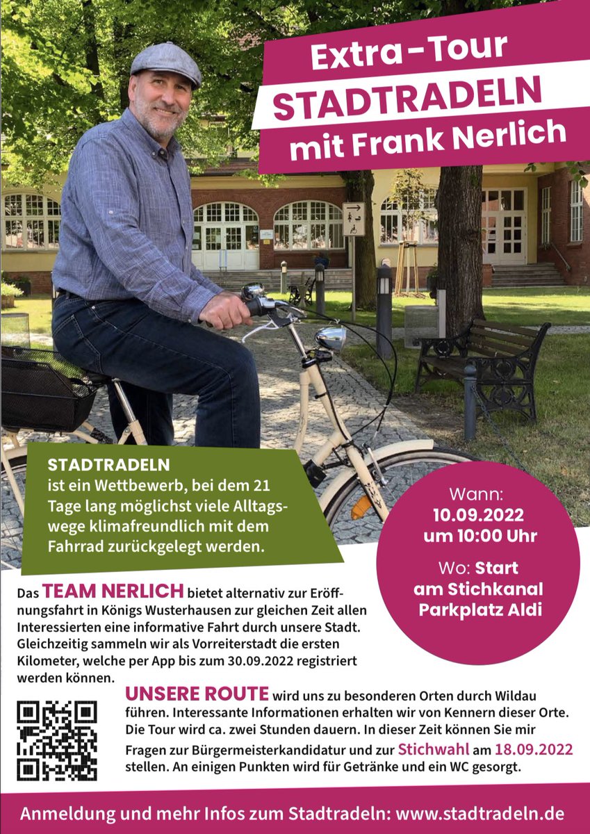 Am kommenden Samstag findet die Stadtradeln Extra-Tour in Wildau statt. Start ist 10:00 h vom Stichkanal (Parkplatz ALDI). Es gibt interessante Informationen zu Gebäude und Einrichtungen von kompetenten Menschen. Der Flyer wird die nächsten zwei Tage verteilt.