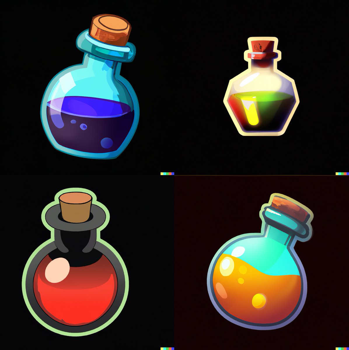 ThinkletonGames's tweet photo. anyone else experiment with AI to make game icons? here's a few potions I generated from #dalle2 
#aiart #art #potions #gamelogo #indiedev #indiegame #dev #gamedesign #gamedevelopment #gamedev #gamedevblog #games https://t.co/EetsPdKC6F