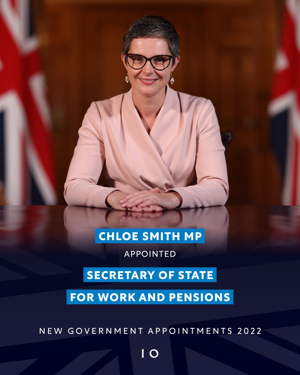 Chloe Smith MP <a href="/NorwichChloe/">Chloe Smith</a> has been appointed Secretary of State for Work and Pensions <a href="/DWP/">DWP</a>.

#Reshuffle