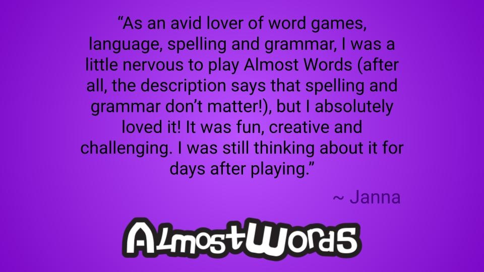 It's Testimonial Tuesday! Hear what the people are saying! Janna played with us in a game with six people, and was eager to share her thoughts. Watch for next Tuesday Testimonial for a different take 😉