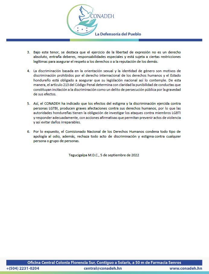 CONADEH's tweet photo. 📌Pronunciamiento| Defensora del Pueblo de Honduras, Blanca Izaguirre expresó que toda apología al odio, el estigma y la discriminación contra personas #LGTBI son lesivas a la dignidad humana. https://t.co/GrpSA5f0rz
