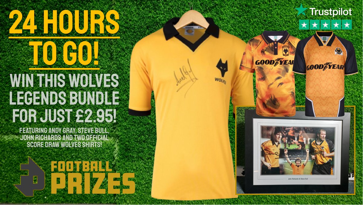 Just 24hrs to go for this beauty! 

4 prizes in 1: 

Andy Gray Signed Shirt
Richards &amp; Bull Signed &amp; Framed 
1993 Wolves Official Home Shirt 
1996 Wolves Official Home Shirt

10% discount code - WOLVESPODDY 

RT for free entry chance!

#wwfc 

footballprizes.co.uk/product/wolves…