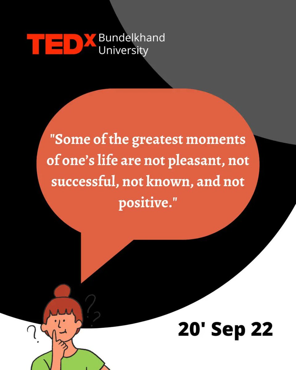 TEDx_BU's tweet photo. 14 days to go calender 🗓️
"Some of the greatest moments of one's life are not pleasant, not successful, not know, and not positive. ".
Let's do this

#TEDx
#TEDxBundelkhandUniversity
·
·
·
#tedx #tedxtalks #ted #tedtalks #inspirationalquotes https://t.co/v6Sughdq4M