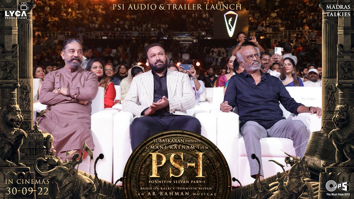 LycaProductions's tweet photo. The SUPREME FORCES ✨ Ulaganayagan @ikamalhaasan, Chairman Subaskaran &amp; Superstar @rajinikanth at the #PS1 🗡️ Music &amp; Trailer Launch Event ✨

#PonniyinSelvan 🗡️ #PS1AudioLaunch #PS1Trailer

#ManiRatnam @MadrasTalkies_ @LycaProductions @arrahman @tipsofficial @tipsmusicsouth https://t.co/4mjYVfEtWV