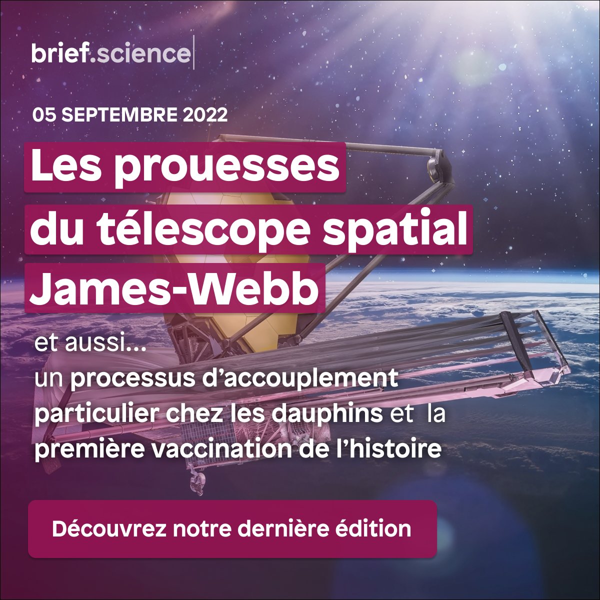 Dans Brief.science cette semaine, on vous explique le fonctionnement du télescope James-Webb, on vous étonne avec le processus d'accouplement des dauphins on vous raconte l’histoire de la première vaccination.

🔗Lisez notre dernière édition : app.brief.science/edition/2022-0…