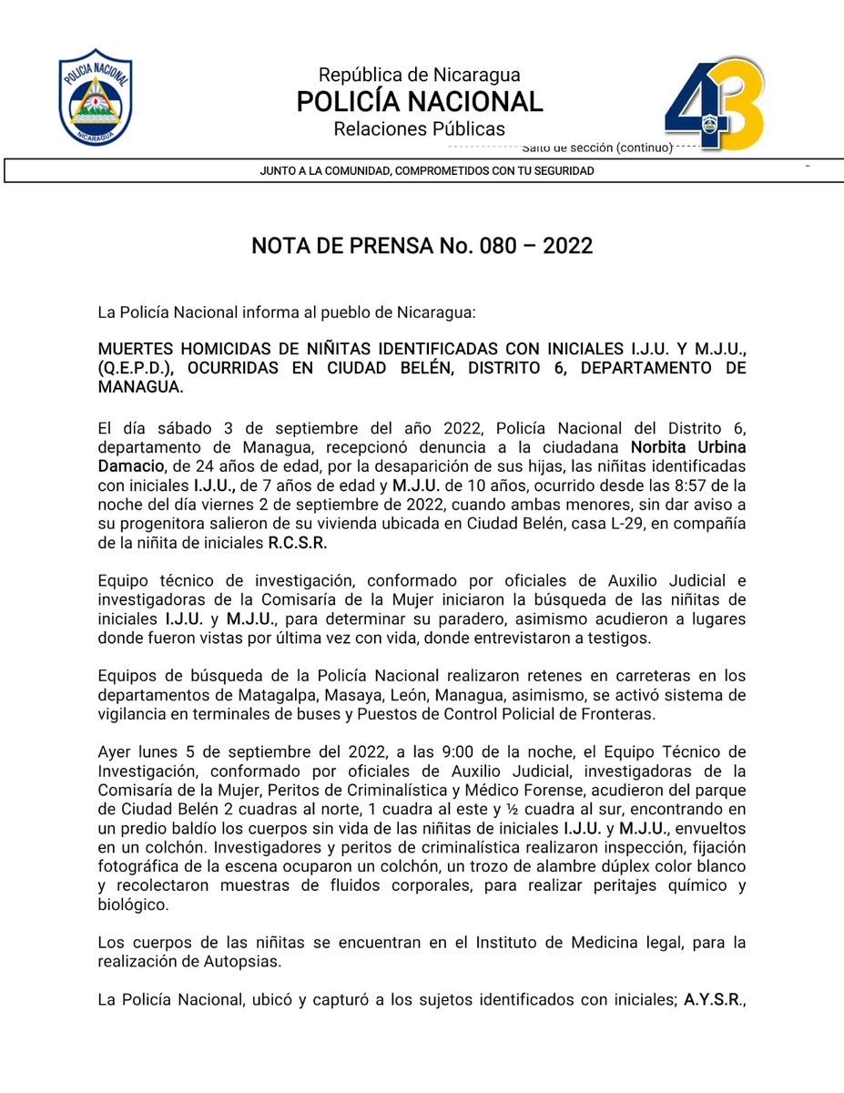 la_moralimpia's tweet photo. Nota de Prensa de la Policía Nacional de #Nicaragua respecto al crimen homicida contra 2 niñitas en el Distrito 6 de Managua. @Negrita_Brooks @arlen_cordoba @ElTigreCalder0n https://t.co/FnsNnLRfZb