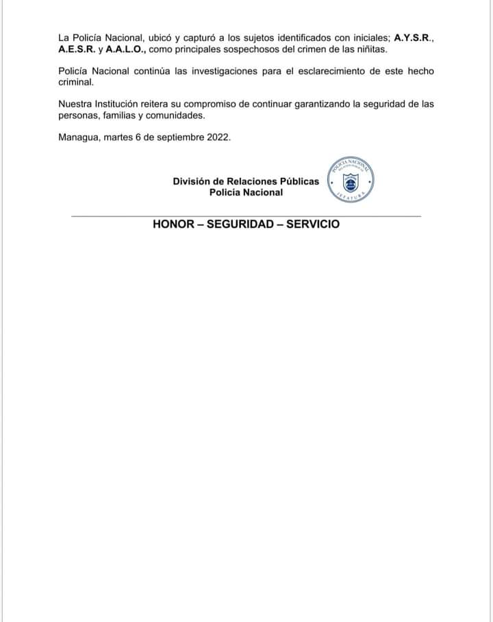 la_moralimpia's tweet photo. Nota de Prensa de la Policía Nacional de #Nicaragua respecto al crimen homicida contra 2 niñitas en el Distrito 6 de Managua. @Negrita_Brooks @arlen_cordoba @ElTigreCalder0n https://t.co/FnsNnLRfZb