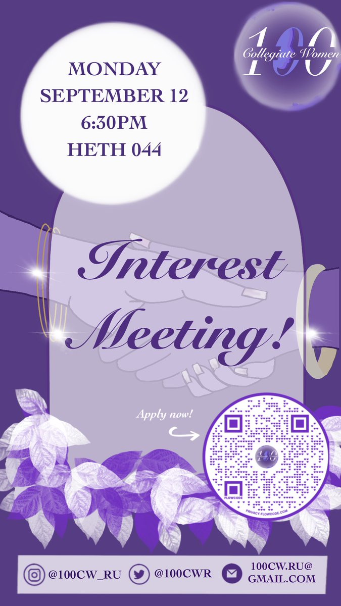 100cwR's tweet photo. We will be having our first interest meeting of the semester on Monday the 12th at 6:30pm! We are so excited to meet the new members of this chapter of 100 Collegiate Women!👯‍♀️
Come learn more about our organization and get to know our new members! Applications are still open!💜🤍 https://t.co/6KVc6P1Y8N