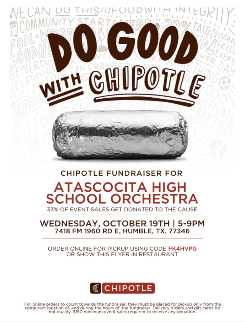 Join us on October 19th from 5-9pm for our Chipotle fundraiser! Please show the cashier this flyer or use the code if ordering online so that we will receive a third of the profits.