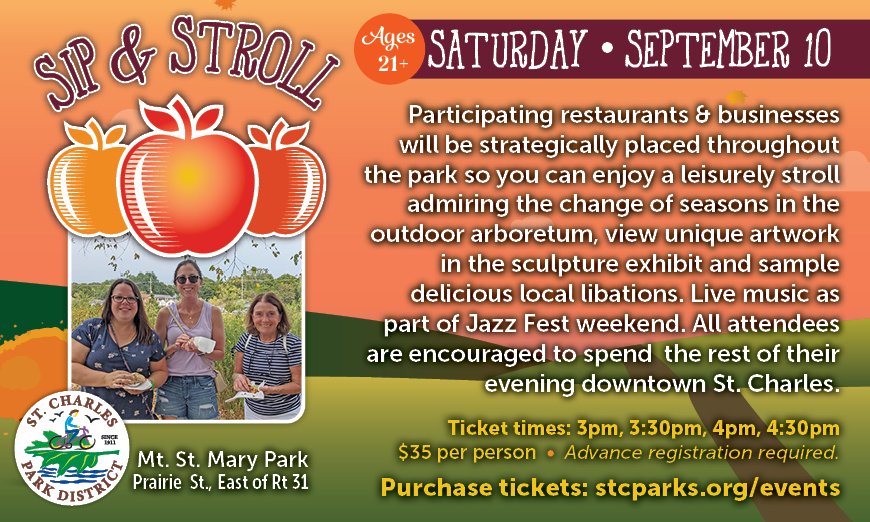 StcAlliance's tweet photo. The St. Charles Park District's Sip and Stroll is back! Enjoy live music as part of #STCjazzweekend, beautiful art, delicious drinks, and more. 

Visit https://t.co/6RE1MoAn8j to purchase tickets today 🍎🍺 https://t.co/cxNLKPkx3d