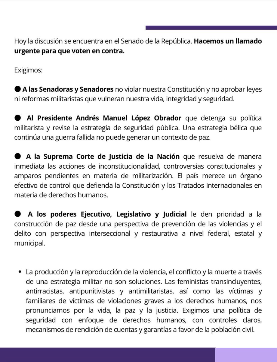 Somos una de las 106 organizaciones que nos oponemos a la #militarización y la #guerra. No necesitamos que se perpetúe el #machismo y la militarización de #México, sino soluciones y políticas integrales para tener #paz y #justicia. #ResistenciaFeminista