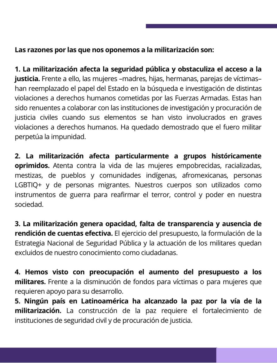VIRAL_MX's tweet photo. Somos una de las 106 organizaciones que nos oponemos a la #militarización y la #guerra. No necesitamos que se perpetúe el #machismo y la militarización de #México, sino soluciones y políticas integrales para tener #paz y #justicia. #ResistenciaFeminista https://t.co/MxbCy7gI0c