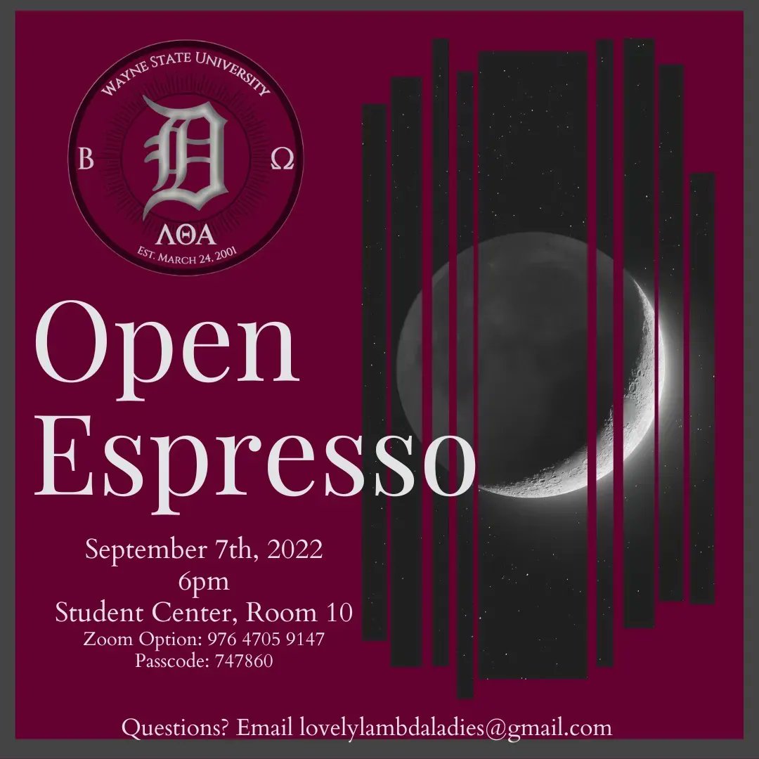 LTA_BetaOmega's tweet photo. Interested in becoming a Lambda Lady? Join us for our Open Espresso tomorrow to learn what it takes to join our beautiful sisterhood based on Unity, Love, and Respect!
#WayneState #WayneStateUniversity https://t.co/OJ04lED6fL