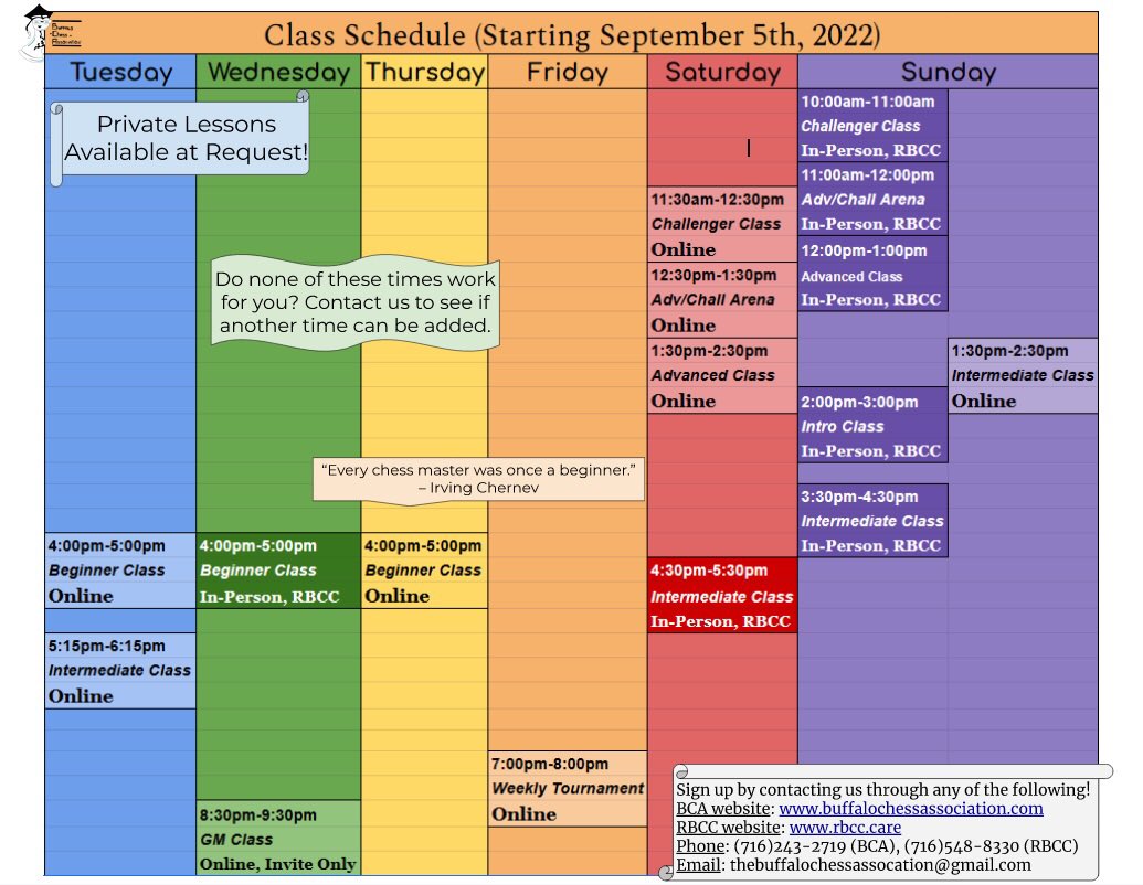 BuffaloChess's tweet photo. Happy September! Today, we’re beginning our new Fall schedule. We’ll see you in class! 

#buffalochess #chessclasses https://t.co/gqv2Q3pw0Y