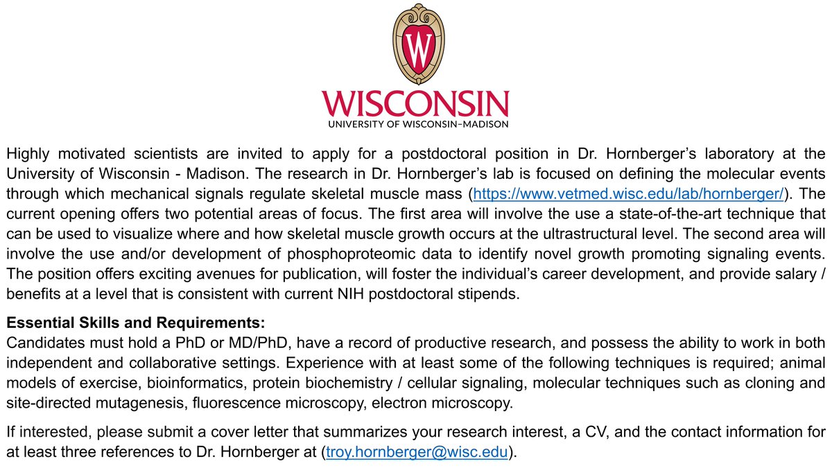 HornbergerLab's tweet photo. Hello #myotwitter. My lab has an opening for a #postdoc and we could use your help with spreading the word. Please RT, and if you know of anyone that wants to learn more about how mechanical signals drive skeletal muscle growth, then please give them the information shown below. https://t.co/PkIkZDeCia