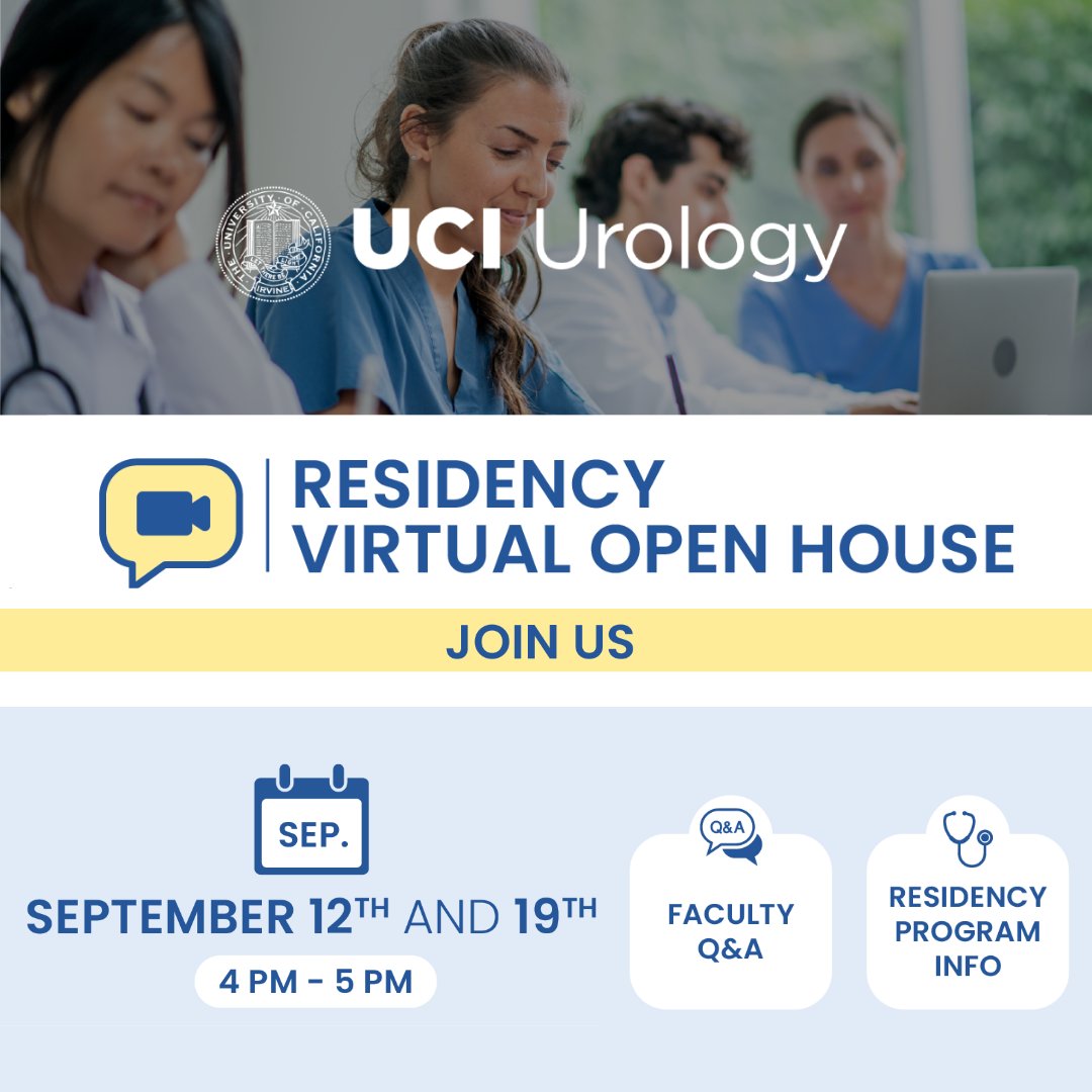 Attention, medical students! If you'd like to learn more about the @UCI_Urology Residency Program, we invite you to join us for an informal Q&A session with our faculty residents. We have two options for joining: Mondays 9/12 & 9/19. @jaimelandmanuci @jordanmlj @Heidi_Stephany