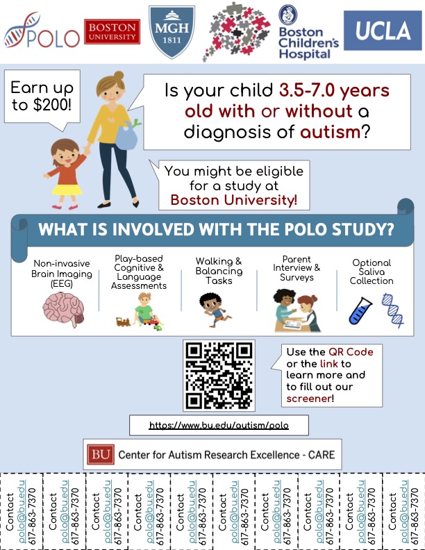 We are recruiting 3.5-7 years old neurotypical and autistic children for our POLO (Predicting and Optimizing Language Outcomes in Minimally Verbal Children with Autism) project. Check out our website: bu.edu/autism/polo for more info, and please help RT😃!