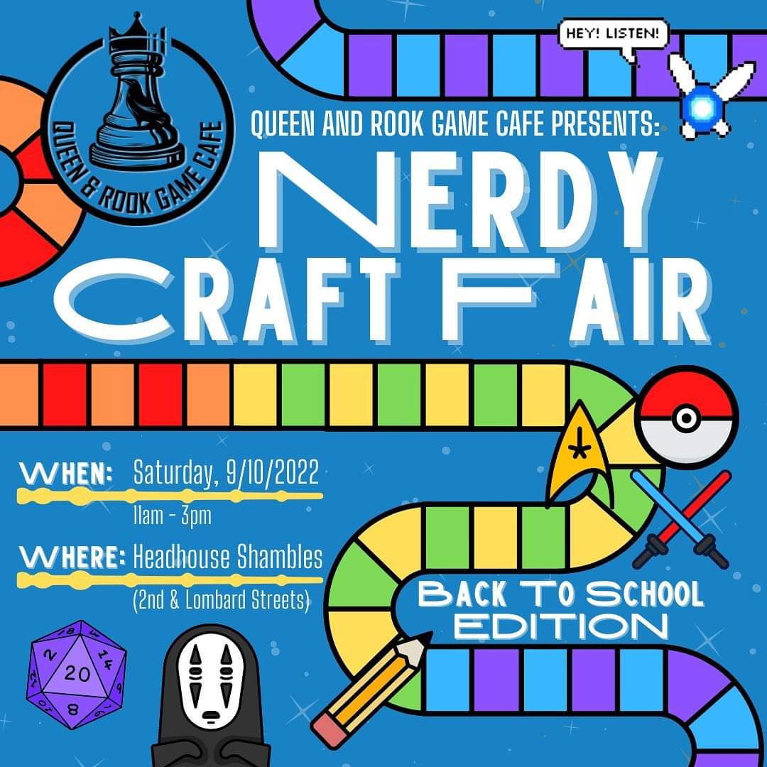 The Nerdy Craft Fair is BACK! Saturday 9/10/22 from 11am-3pm under the Headhouse Shambles. It’s Back to School + Fall so join us &amp; local artists, vendors, &amp; shops for a nerdy-geeky afternoon! Perfect paired w/the Qrawl Dungeon &amp; Pub Crawl (link below). Art by <a href="/sc0wll/">𝙫𝙞𝙣𝙘𝙚𝙣𝙩 𝙫𝙖𝙣 𝙙𝙤𝙣'𝙩</a>