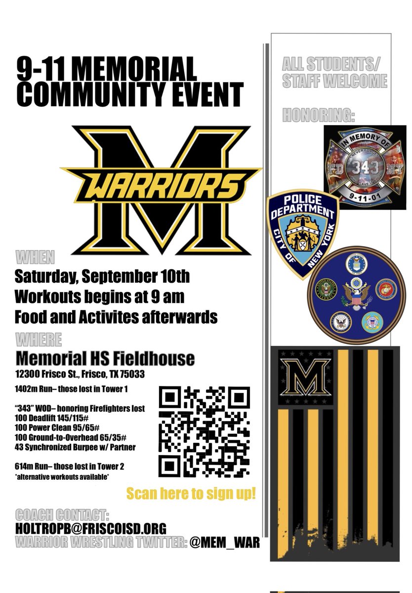 Don't forget to join us Saturday Morning to commemorate 9/11.
8am- Parents Breakfast
9am- "343" Workout
10am- Community Cookout &amp; Gathering
ANYONE can be a part of this event, regardless of how excited you may/may not be to work out with us!
#WarriorMentality #NeverForget