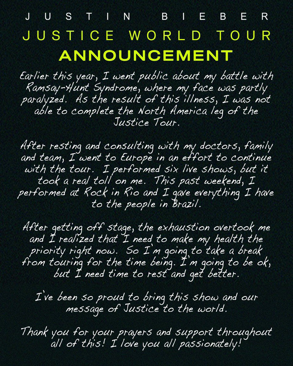 JBCrewdotcom's tweet photo. Justin Bieber’s Justice World Tour has officially been suspended due to health concerns. Here is the official announcement: https://t.co/fyb8qwjTM5