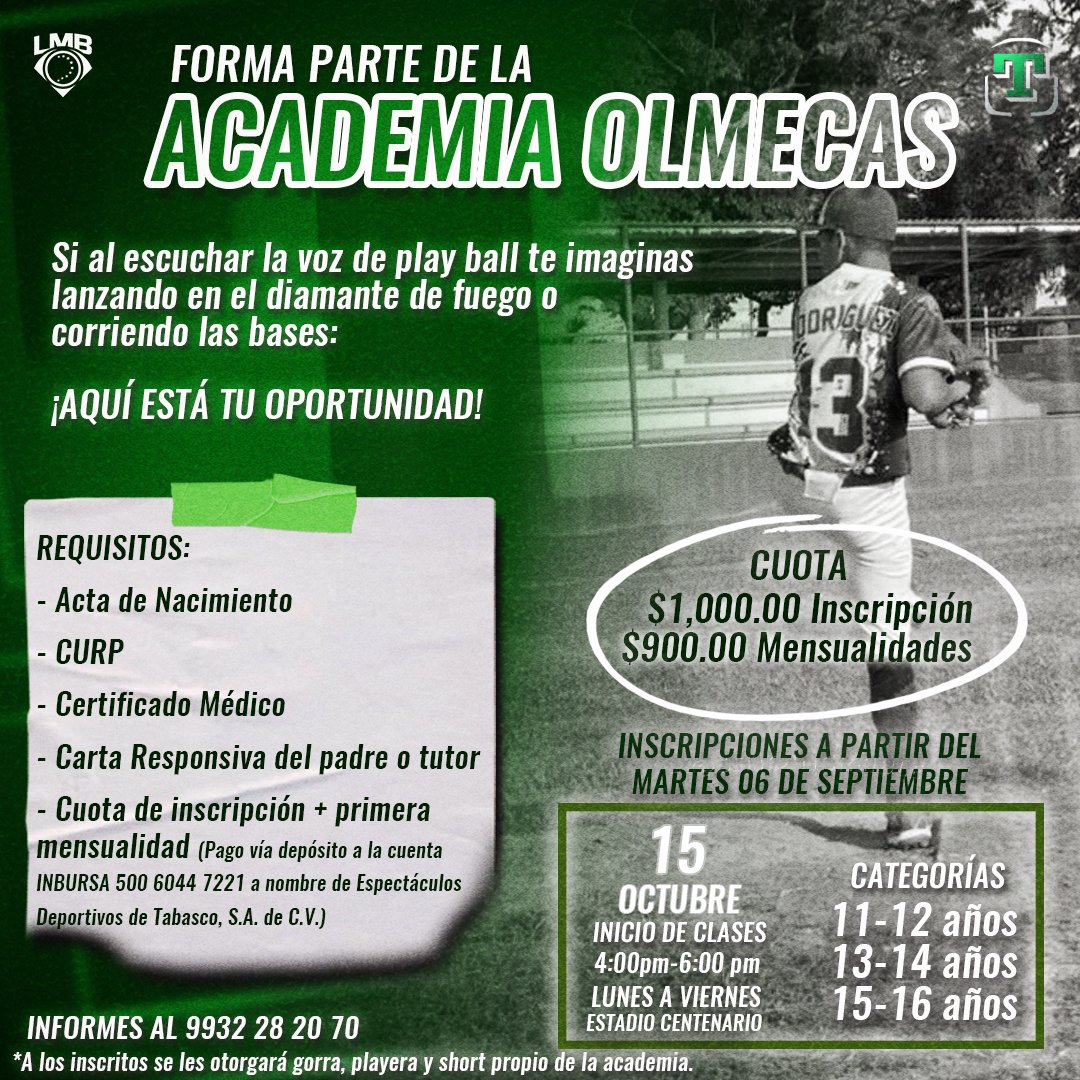 OlmecasTabasco's tweet photo. 🚨ATENCIÓN FUTUROS BEISBOLISTAS🚨

La academia Olmecas abrirá sus puertas ¡Entrena con nosotros! 

🔴 Recepción de documentos: oficinas Olmecas de Tabasco (INJUDET) de lunes a viernes en horario de 10:00 am a 4:00 pm 

📞 Mayores informes al 9932 28 20 70

#SomosOlmecas👊🏽⚾️ https://t.co/JdYzcmtnHn