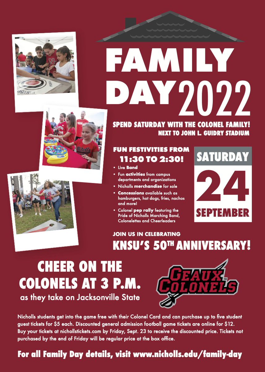 AlumniNicholls's tweet photo. Hey Colonel Fans‼️
Are you ready for Family Day 2022?
The first Nicholls home game of the season will be Satu, Sept 24. Join us in celebrating KNSU's 50th anniversary and to cheer on the Colonels!
🔗https://t.co/YN9dpV2edV
#NichollsAlumni #ColonelFamily https://t.co/u45giX7aYi