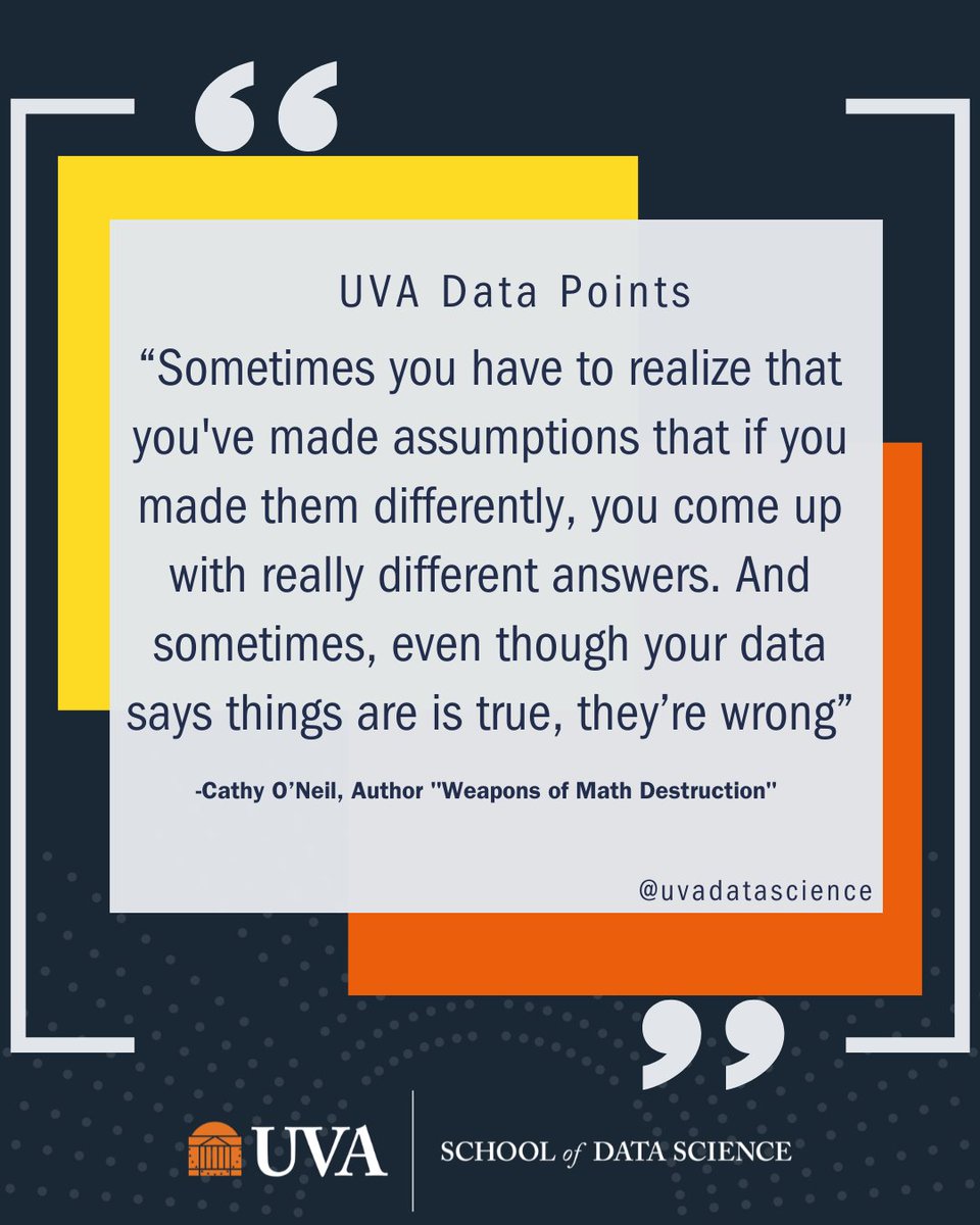 Check out Episode 1 of the UVA Data Points Podcast featuring Cathy O'Neil, author of Weapons of Math Destruction, and School of Data Science Professor Brian Wright in conversation about ethics, shame, and data science education.🎙️@BrianMWrightPhD uvadatapoints.castos.com/podcasts/44037…