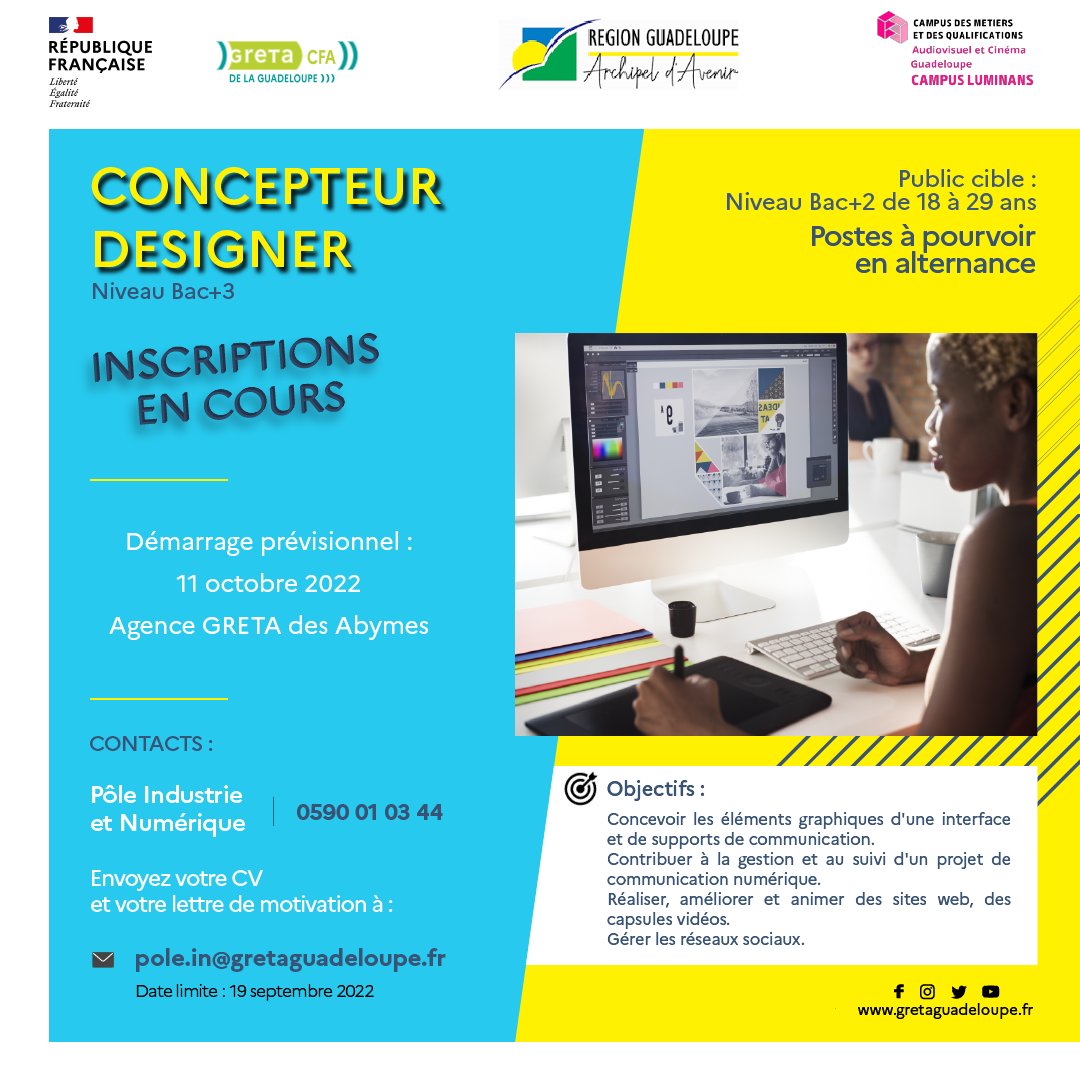 GretaGuad's tweet photo. 👋Intéressé(e)s par les métiers du #numérique ?
🙂Concepteur designer, pourquoi pas vous ? 
📌Inscriptions en cours pour la formation au TP Concepteur Designer UI niv 6 (bac+3). 
✅Les postes sont à pourvoir en entreprises et collectivités.
#apprentissage #métiersquirecrutent https://t.co/DzTaaQQqyv