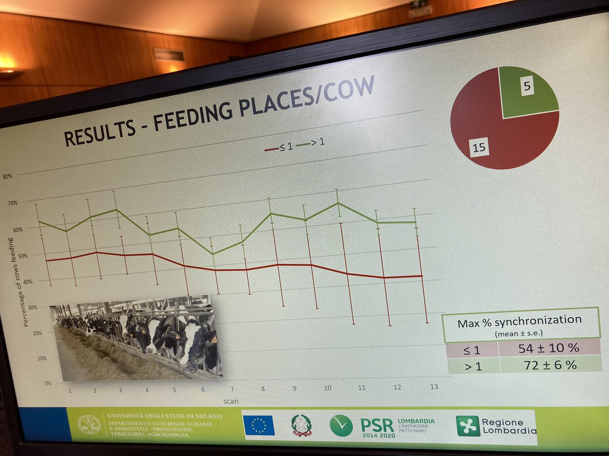LABoyle2's tweet photo. More feeding places per cow gives better feeding synchrony - an indicator of #positivewelfare Also benefits of bedding, hay in diet and of course access to pasture. All achieved on only very few farms in this Italian study #EAAP2022 @EAAP_Cattle #cowwelfare https://t.co/f8KyRLaLaj