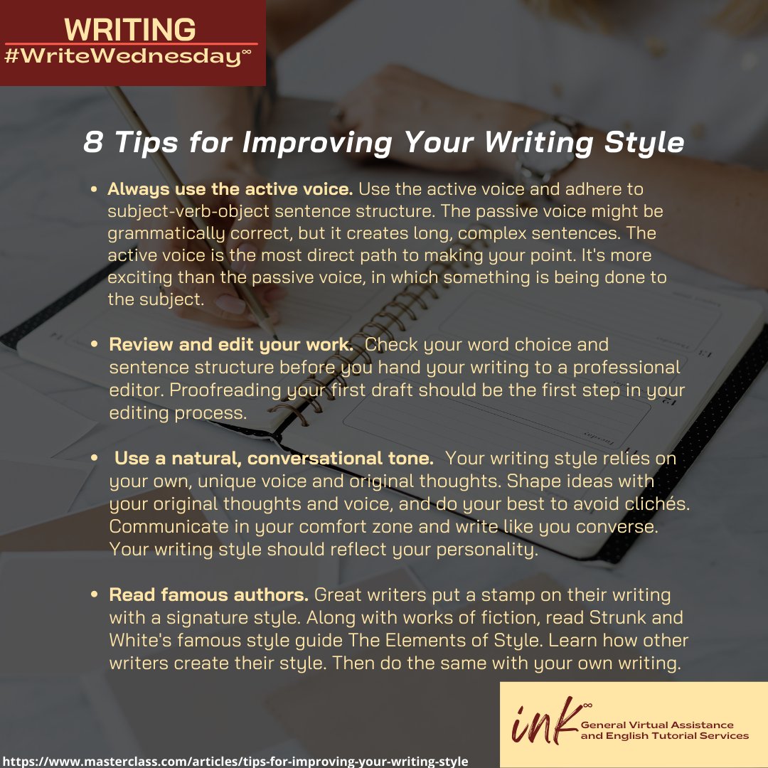 #WriteWednesday #8TipsforImprovingYourWritingStyle #WritingTips #InkGeneralVirtualAssistanceAndEnglishTutorialServices #VirtualAssistance #GeneralVirtualAssistance #EnglishTutorialServices

masterclass.com/articles/tips-…