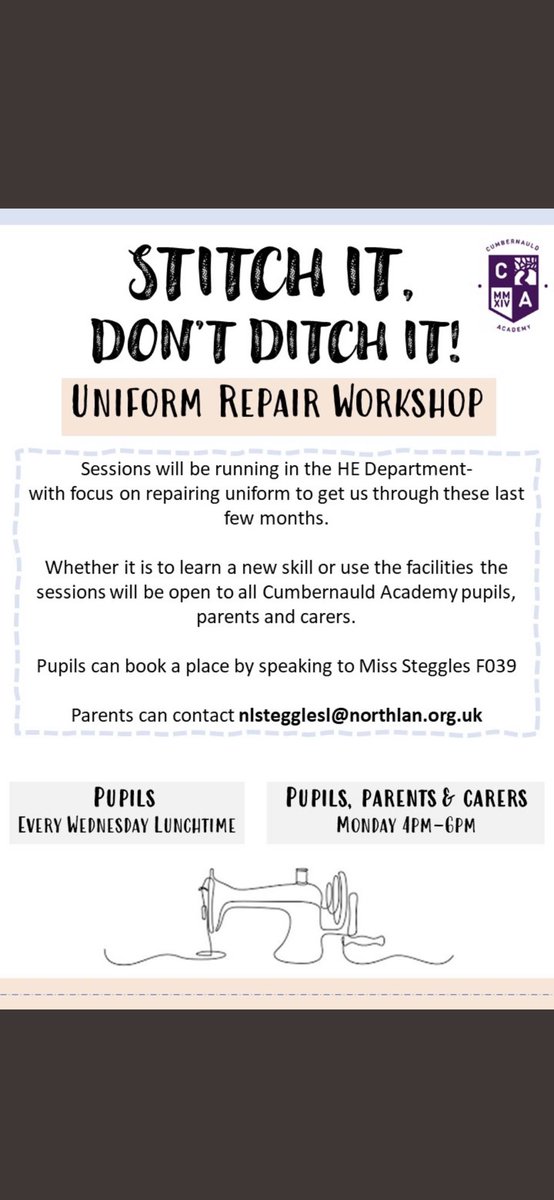 cumbernauldacHE's tweet photo. Hope the uniform has held out so far. But for any casualties we have you covered- starting again next week. @CumbernauldAcad @CAStudentVoice @Cnauldcares #sustainablefashion #savetheplanet #savethepounds https://t.co/m4IqE6mSkO