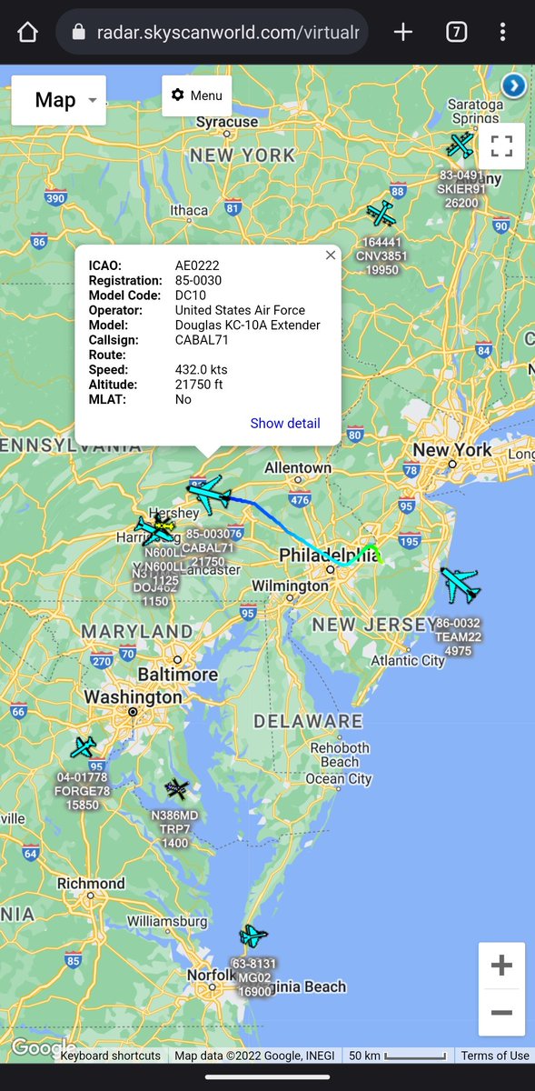 scan_sky's tweet photo. #USAF - KC-10A Extender - 85-0030 - #CABAL71
Departed From McGuire AFB πΊπΈ & Routing To Hickam AFB πΊπΈ
#CABAL72 (KC-46A) Due Out Of Pease ANGB πΊπΈ & Also Routing To Hickam AFB πΊπΈ
Operating Under A Coronet West Mission Code. https://t.co/pXpt39bDH4