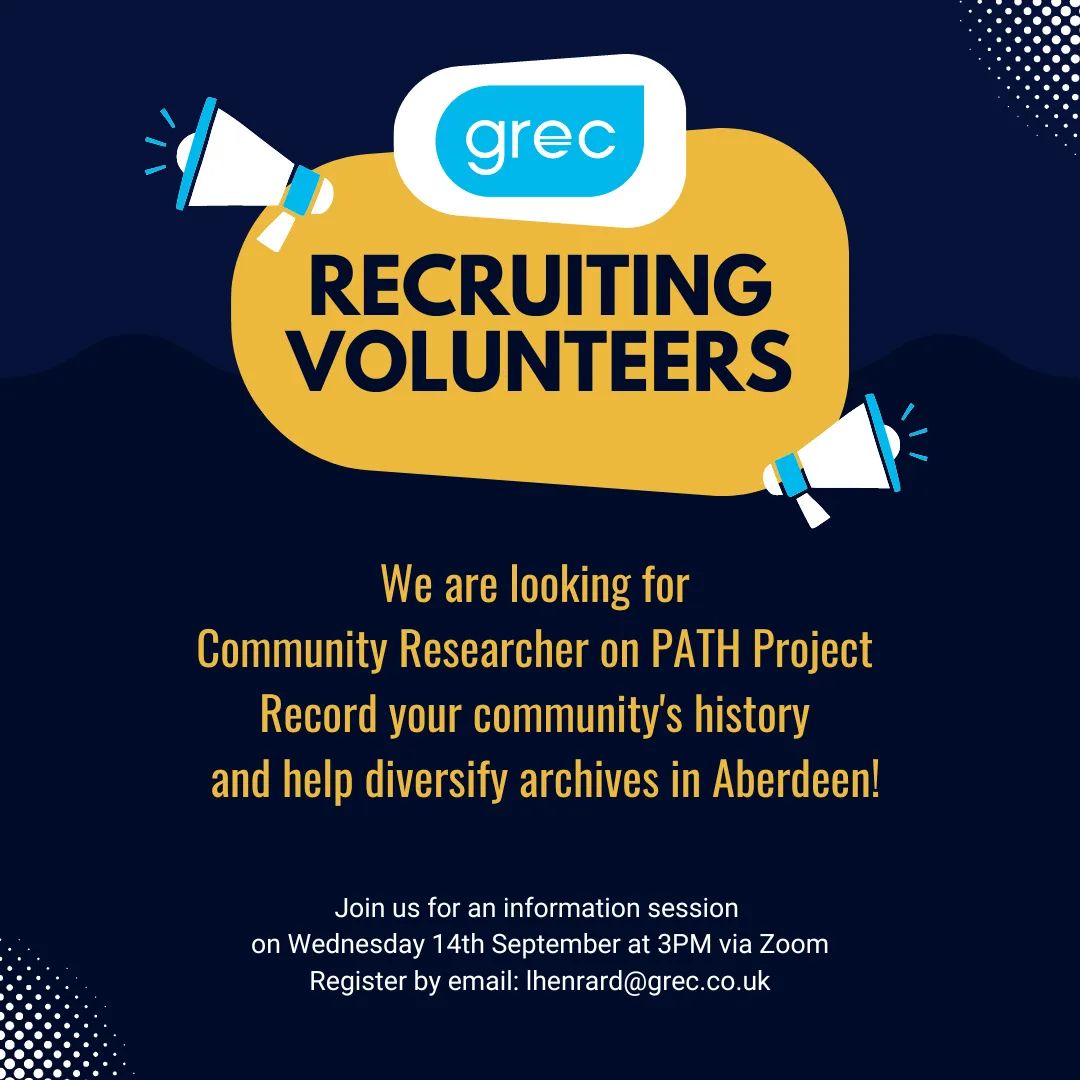 GREC (Grampian Regional #Equality Council) (@grampianrec) on Twitter photo We invite you to attend the introduction session for the PATH Project. Please join us Wednesday 14th September at 3PM on Zoom by contacting lhenrard@grec.co.uk.
To find out more about this volunteering role, please see grec.co.uk/wp-content/upl…. We invite you to attend the introduction session for the PATH Project. Please join us Wednesday 14th September at 3PM on Zoom by contacting lhenrard@grec.co.uk.
To find out more about this volunteering role, please see grec.co.uk/wp-content/upl….