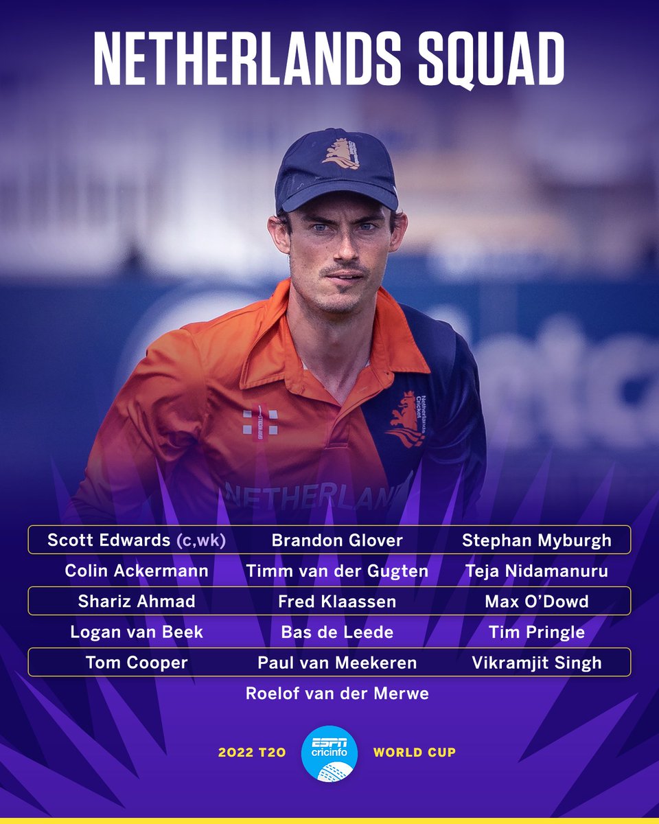 ESPNcricinfo's tweet photo. Scott Edwards will lead Netherlands at the #T20WorldCup in Australia 🇳🇱 

Roelof van der Merwe and Colin Ackermann are set return to international action for the first time since last year’s tournament https://t.co/dVF0FjeOCu