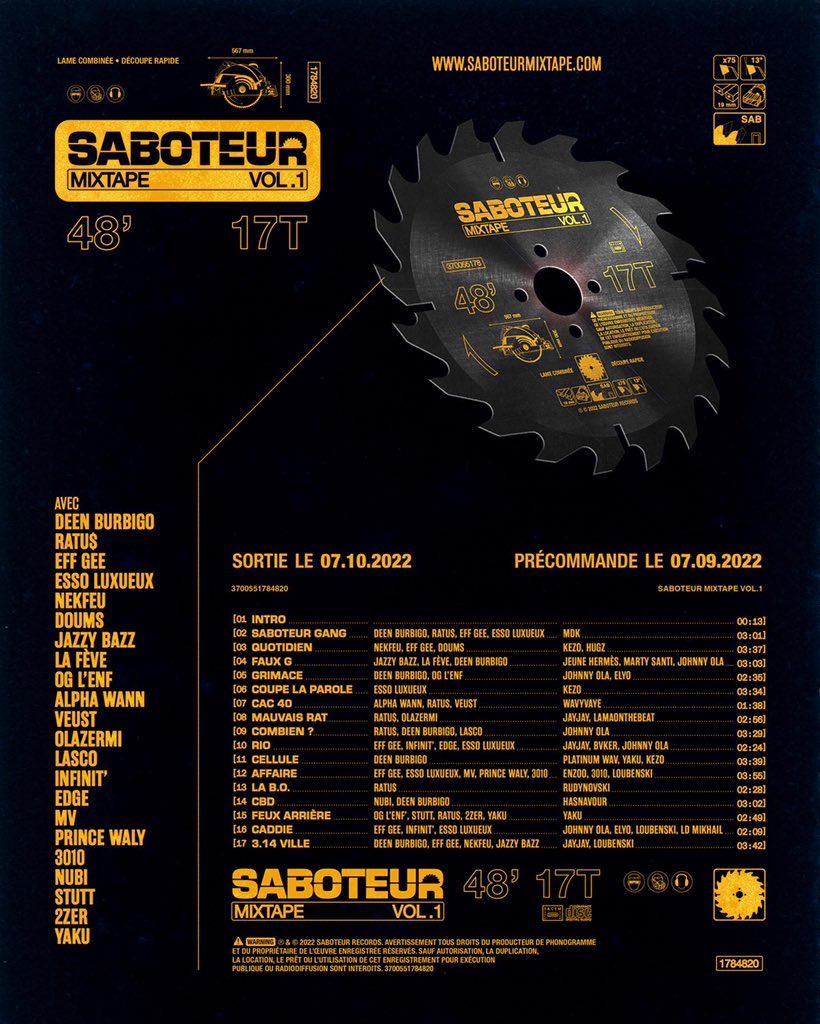Hyconiqmag_'s tweet photo. DEEN BURBIGO a dévoilé la tracklist de la "Saboteur Mixtape Vol. 1" où on retrouvera :
Alpha Wann
Nekfeu
La Fève
Jazzy Bazz
3010
Prince Waly
EDGE
Infinit'
... Et bien d'autres artistes de qualité 🔥 ! https://t.co/DHRxomQE1U