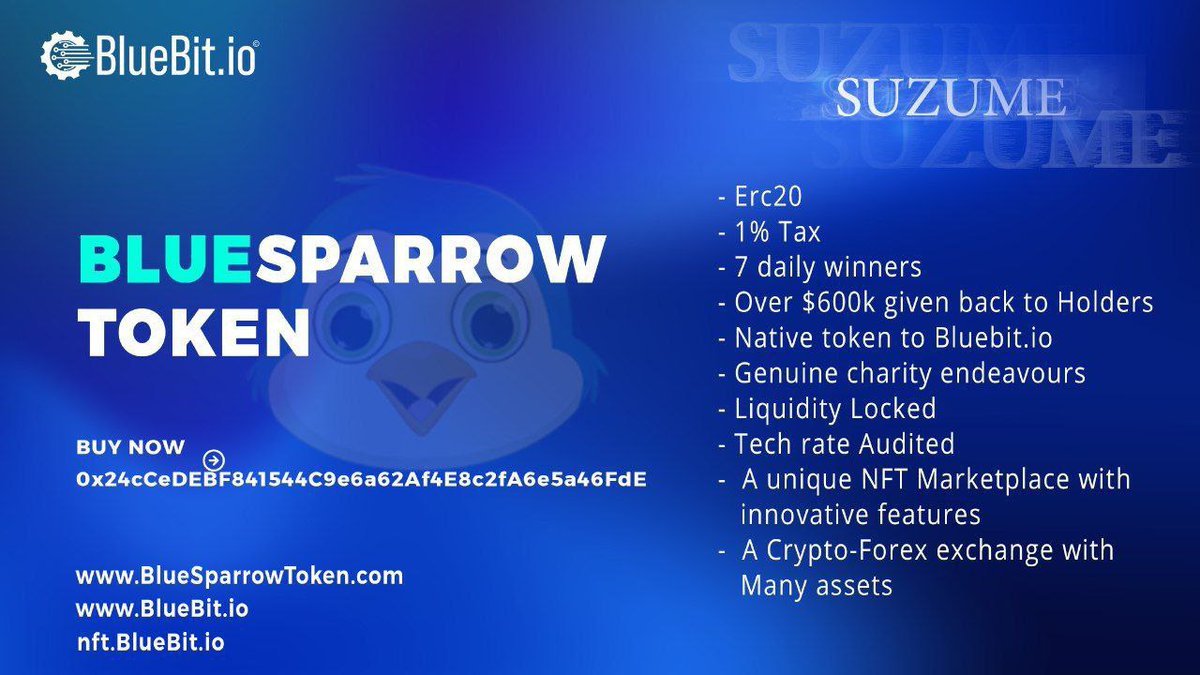 Selenaa6694's tweet photo. @kucoincom -#BlueBit Centralized CryptoForex Exchange
-NFT Marketplace
-Daily Draw
-iOS app
-Hundreds of charity work
-Professional team
-A strong community
Can you guess the name of the token?
.
.
.
Yes, you guessed it right: #BlueSparrow https://t.co/QIthGZs5A3