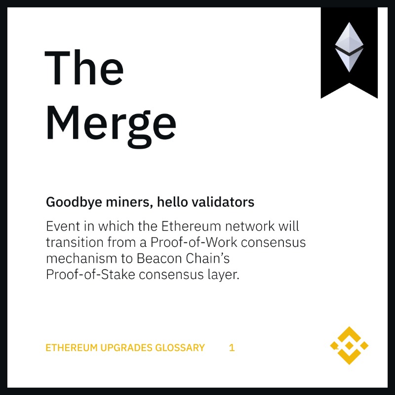 binance's tweet photo. Just a few steps left until The Merge, where the Beacon Chain will finally connect to #Ethereum’s mainnet.
 
Not sure what it all means? Here’s a 5-page glossary to help you navigate through this significant event.