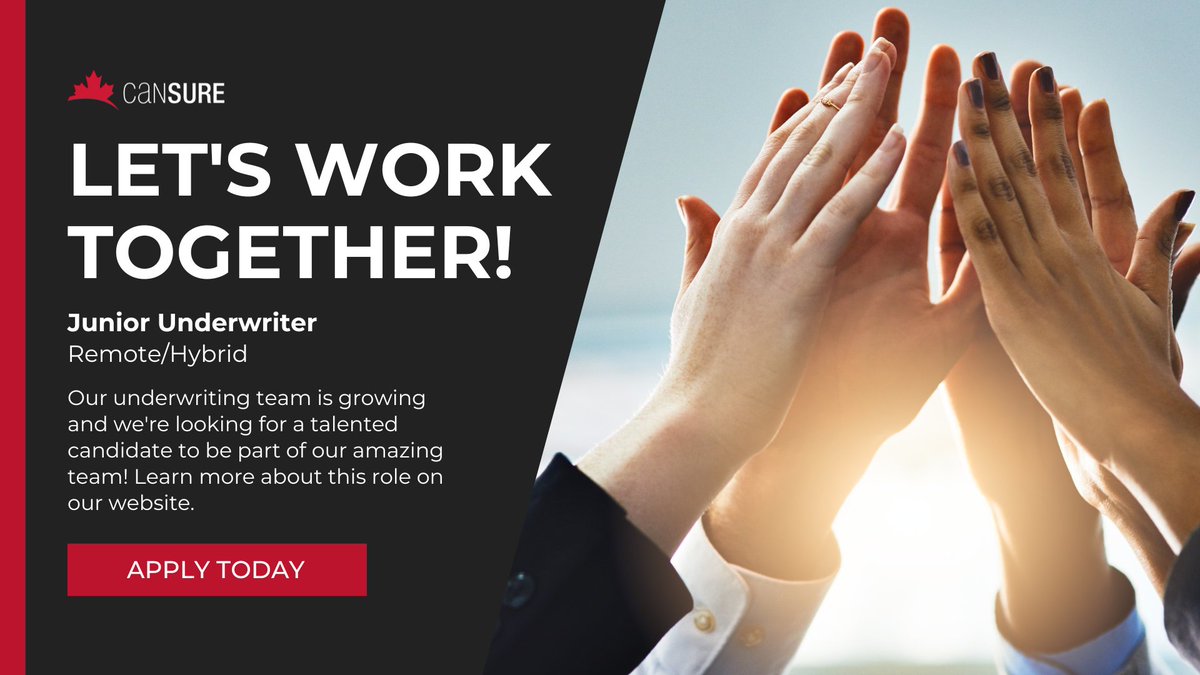 Cansure_MGA's tweet photo. We're looking for Junior Underwriter to join our team! This is a great opportunity for growth and learning within insurance. If you are interested in this position, apply today! https://t.co/o0CQoIpBmY
#Cansure #nowhiring #underwriting #underwriter https://t.co/BGefEJWPEr